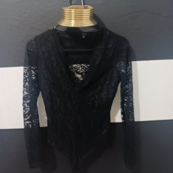 iris Tops - Iris women mesh lace v cross long sleeve black bodysuit